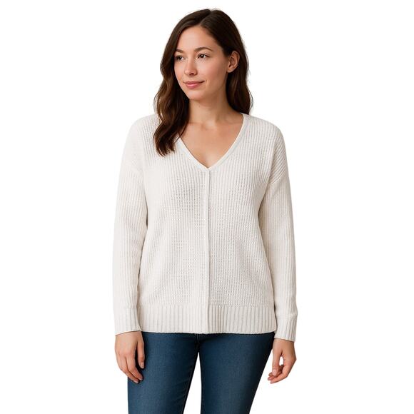 Lucky Brand White chunky Knit V Neck Sweater Medium Oversized Cozy coastal flowy - Picture 1 of 7